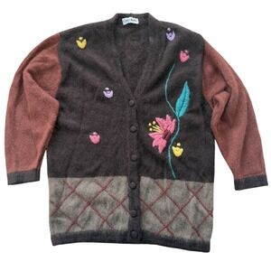 Campofiorito Floral Cardigan Womens XL Brown Mohair Blend Embroidered Italy